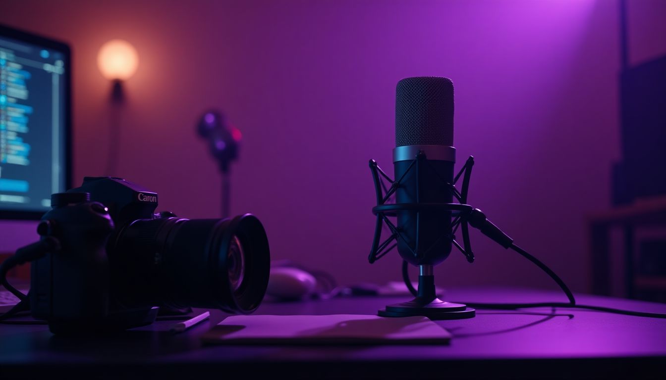A small home recording studio with a microphone, ring light and a laptop showing a lesson slide, deep shadows with royal-purple glow, cinematic focused mood — course recording and launch guide