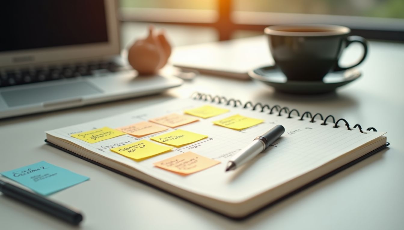 A teacher sketching a course outline on paper at a warmly lit desk with a laptop and a purple notebook, deep charcoal room with royal-purple accent light, cinematic thoughtful mood — course planning guide