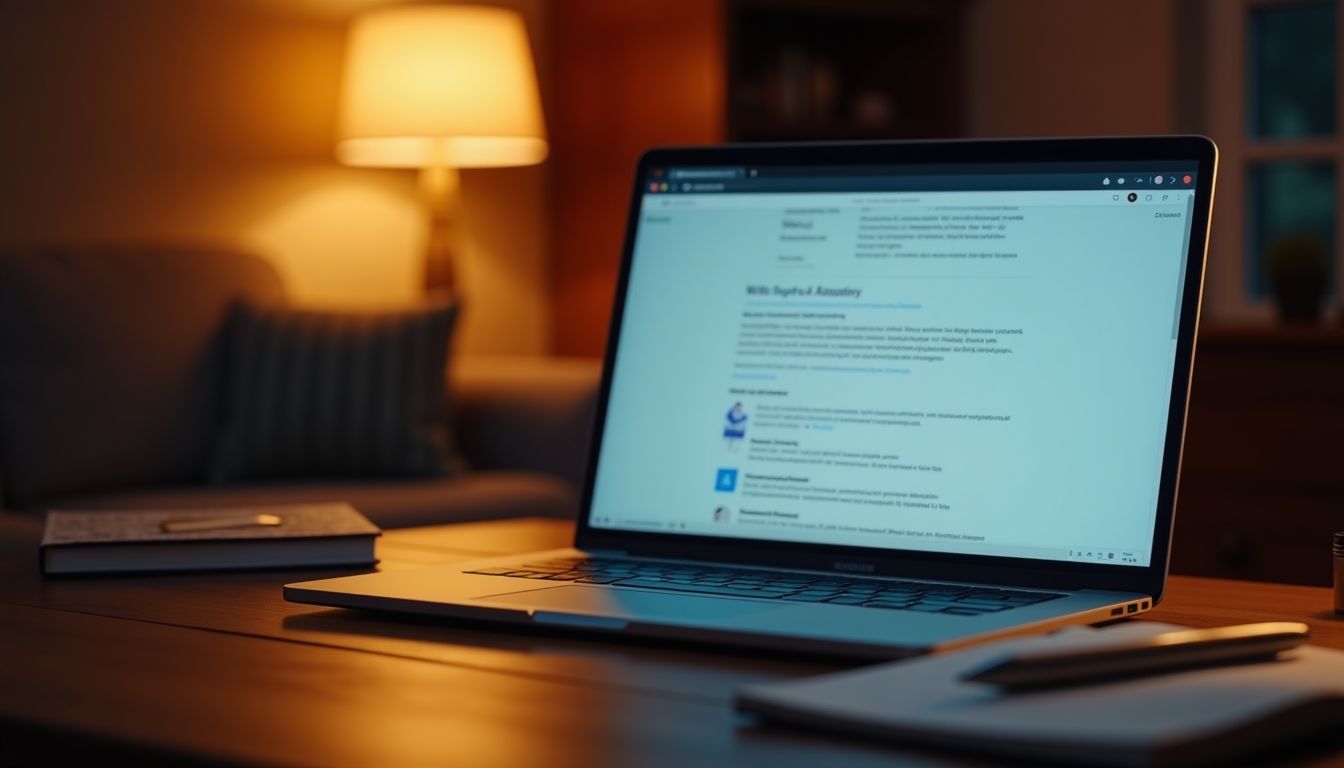 A teacher at a desk replying to student messages on a laptop beside a coffee mug and a small whiteboard, warm lamp light with royal-purple evening tones, calm honest mood — course selling and student support guide
